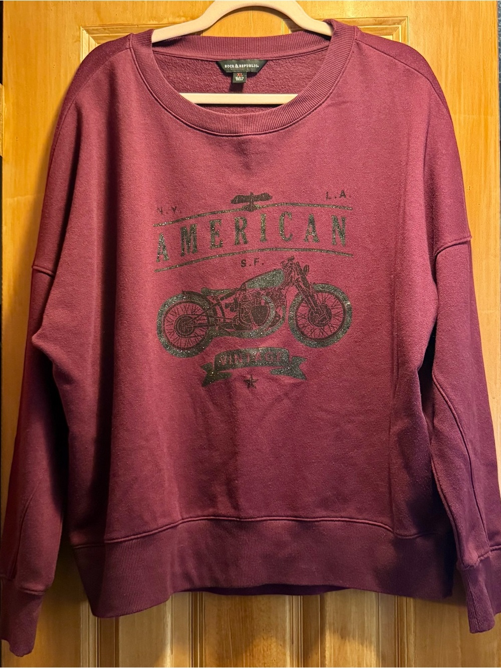 Rock & Republic Burgundy Crewneck Sweatshirt with Motorcycle Graphic